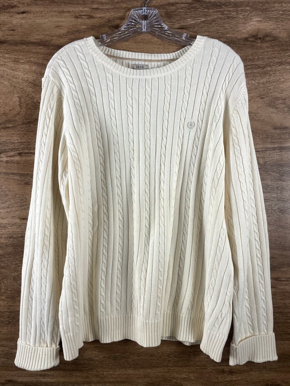 IZOD Womens Sweater XL Cream White Cable Knit Cotton Pullover Crew Neck